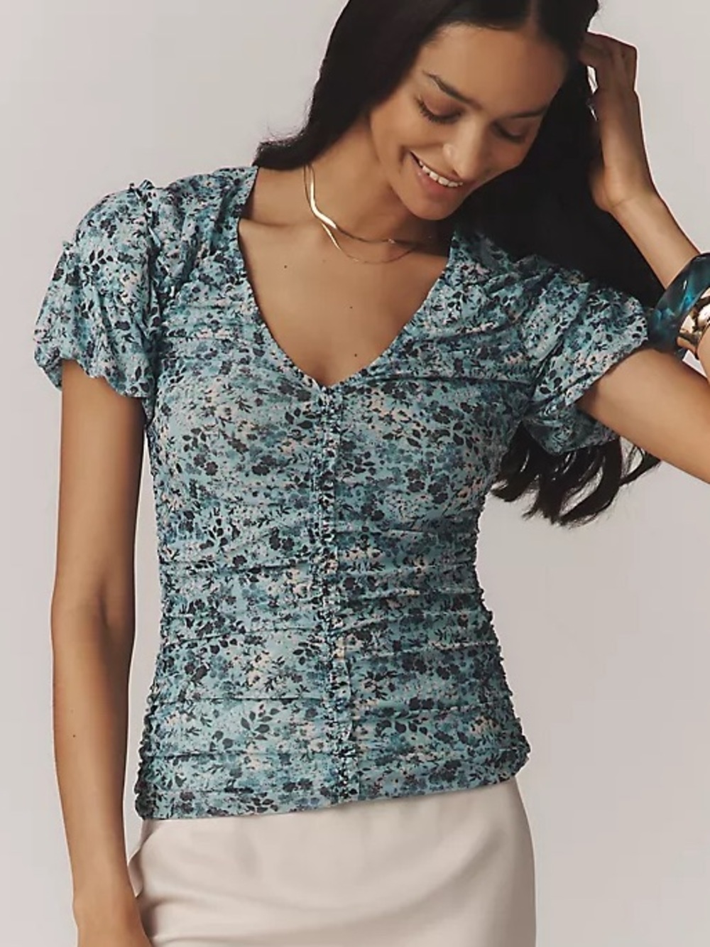 By Anthropologie Blue Floral Short-Sleeve Shirred Mesh Top Size Small